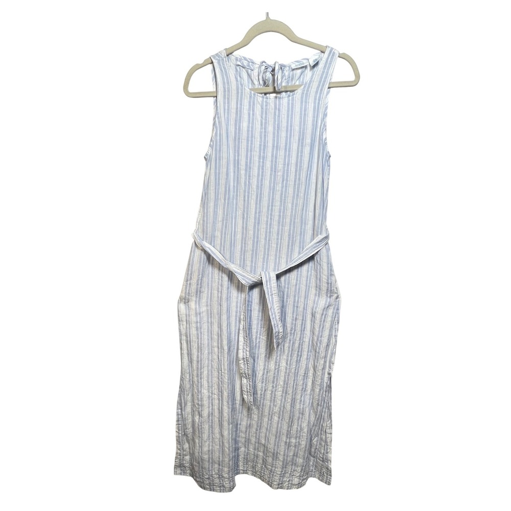 Sigrid Olsen 100% Linen Striped Sleeveless Midi Dress Blue White‎ XS Pockets